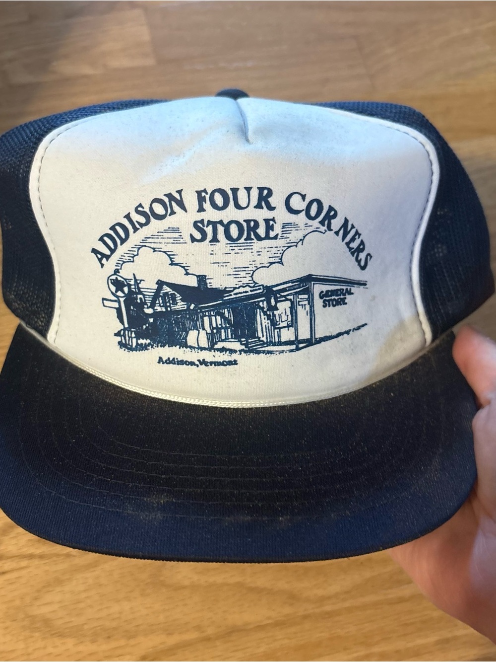 Vintage Addison Four Corners Store Mesh SnapBack Trucker Hat Blue